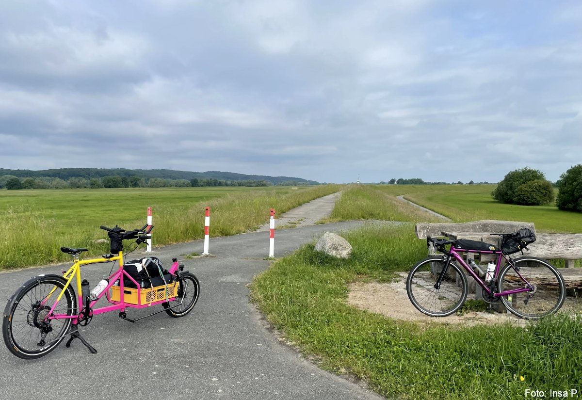 Ein gelbpinkes Lastenrad und ein Rennrad , geparkt auf dem Elbdeich. im Hintergrund erstreckt sich der Weg bis zum Horizont.